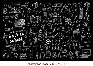 Back to school set. Vector illustration in doodle style. Great for textile fabric design, wrapping paper, banner, posters, cards, stickers, professional design and website wallpapers.