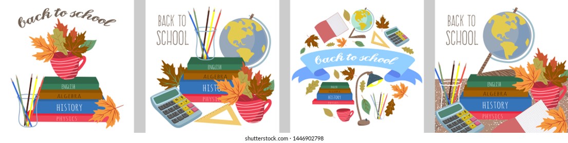 Back to school! Set vector illustrations for a poster, banner or card with stationery, books, pencil, ruler, calculator and autumn leaves