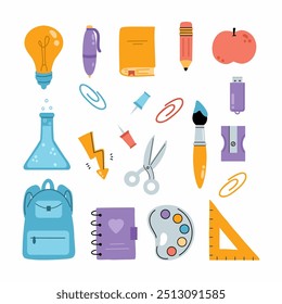 Back to school. Set of vector illustrations in doodle style. Stickers with stationery