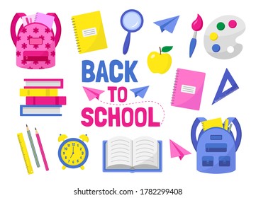 Back to school set of vector objects: backpack, alarm clock, notebook, pencil, ruler, paper airplane, apple, magnifier, books, art palette and paint brush. Flat illustrations isolated.