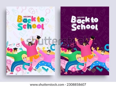 Back to school set vector poster. Cartoon college graduate character in doodle background. Vector illustration school flyers collection design.