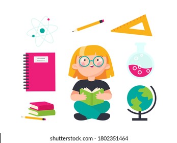 
Back to school set of vector stock illustrations, elements. A child with glasses reads the book, books, notebook, pencil, globe, ruler, chemical flask, atom model. School concept, school subjects.