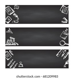 Back to school. Set web banner. Hand drawn school icons and symbols on black chalkboard. With place for your text Vector illustration