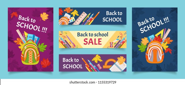 Back To School Set Of Web Banners. Education Collection Longboard, Poster, Flyer. Vector Illustration In Flat Style. Standard Web Design Size.