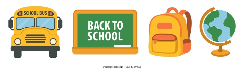 Conjunto de regreso a la escuela con globo de pizarra de mochila de autobús escolar amarillo e iconos de lápiz dispuestos en una fila para temas de educación y carteles de aula. Ilustración vectorial.