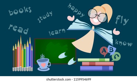 Back to school. Set,collection girl, pencils, books, board, letters and cup with heart. Cartoon character. Isolated objects.