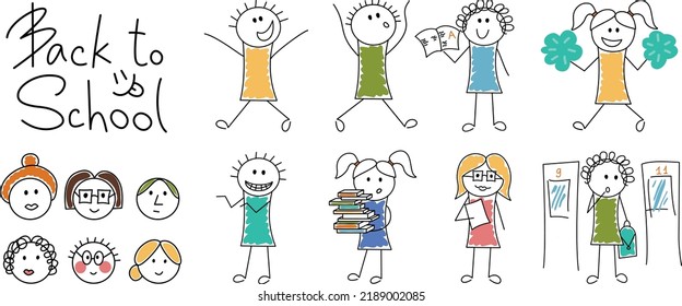 Back to school. Seth Doodle funny characters schoolchildren and teachers. Vector illustration. Isolated background.