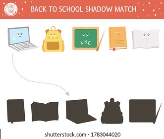 Back to school shadow matching activity for children. School puzzle with cute kawaii objects. Simple educational game for kids. Find the correct silhouette printable worksheet. 
