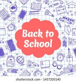 Back to school. Sheet of notebook with school supplies. Education. Design for banner, poster, packaging. Vector illustration.