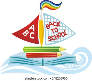 Back to school ship book brush pencil wave vector illustration