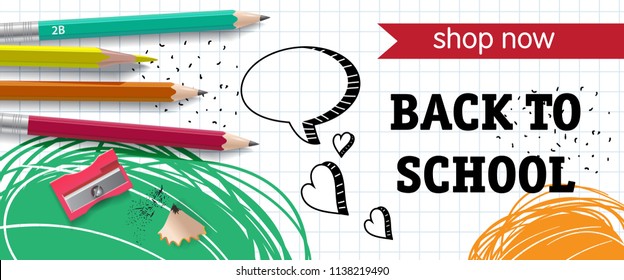 Back to school, shop now lettering with pencils and sharpener. Offer or sale advertising design. Typed text, calligraphy. For leaflets, brochures, invitations, posters or banners.