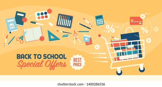 Back To School Shopping Discounts: Full Shopping Cart, Educational Supplies And Stationery Items