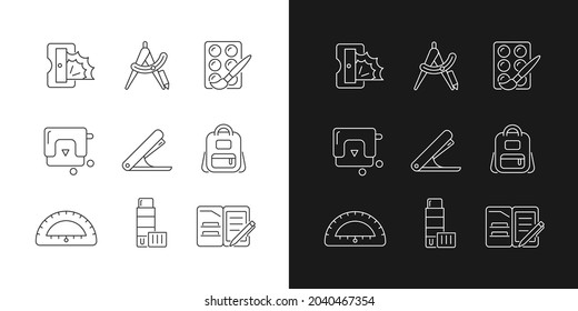 Back to school shopping linear icons set for dark and light mode. Pencil sharpener. Drafting supplies. Art tools. Customizable thin line symbols. Isolated vector outline illustrations. Editable stroke