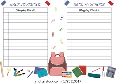 Back To School Shopping List, Vector Illustration For Design. School Supply