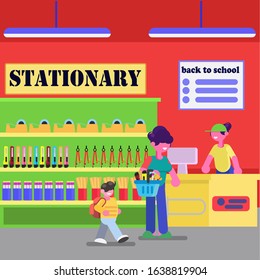 Back To School Shopping School Supplies, Mom And Son Shopping In Stationery Store Flat Vector ,cartoon Character Design, Vector Illustration 