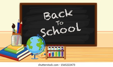 Volver al cartel escolar con la ilustración de los artículos escolares y del tablero