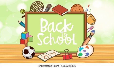 Back to school sign with board and school items illustration