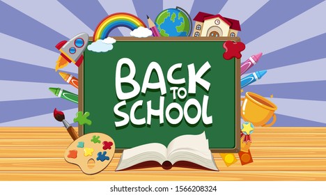 Back to school sign with board and school items illustration