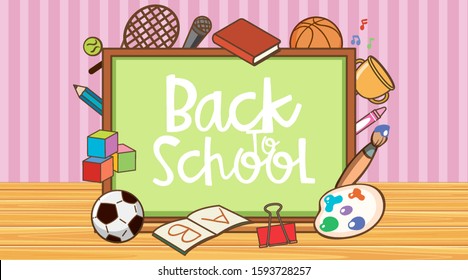 Volver al cartel escolar con la ilustración de los artículos escolares y del tablero