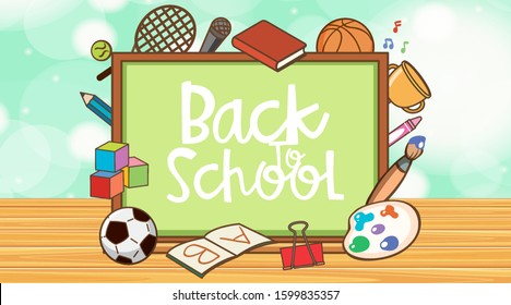 Volver al cartel escolar con la ilustración de los artículos escolares y del tablero