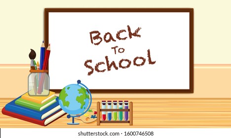 Back to school sign with board and school items illustration