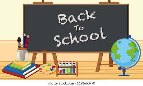 Back to school sign with board and school items illustration