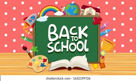 Volver al cartel escolar con la ilustración de los artículos escolares y del tablero