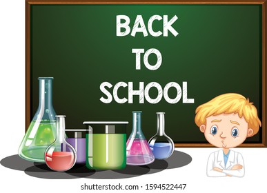 Back to school sign with boy in lab gown illustration