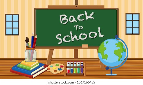 Back to school sign in classroom with school equipments illustration