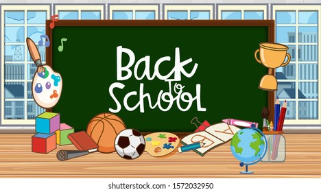 Back to school sign in classroom with school equipments illustration