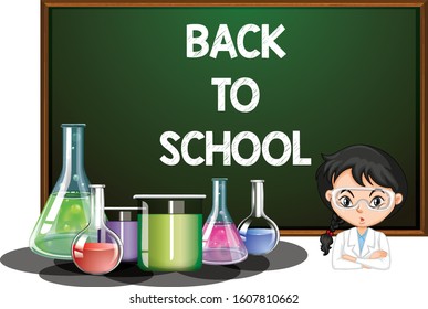 Back to school sign with girl in science gown illustration
