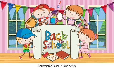 Back To School Sign With Happy Childern Illustration