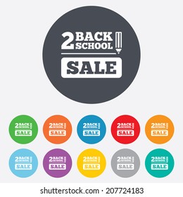 Back to school sign icon. Back 2 school pencil sale symbol. Round colourful 11 buttons. Vector