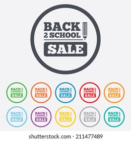 Back to school sign icon. Back 2 school pencil sale symbol. Round circle buttons with frame. Vector