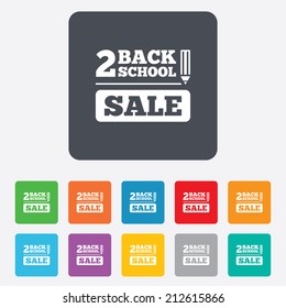 Back to school sign icon. Back 2 school pencil sale symbol. Rounded squares 11 buttons. Vector