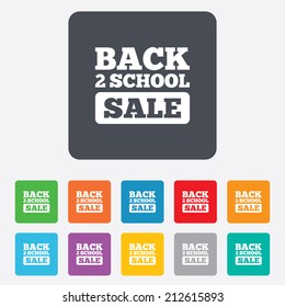 Back to school sign icon. Back 2 school sale symbol. Rounded squares 11 buttons. Vector