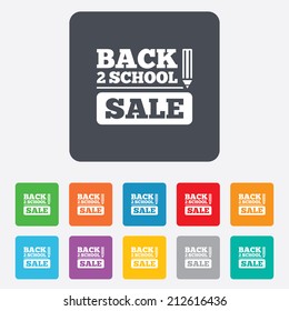 Back to school sign icon. Back 2 school pencil sale symbol. Rounded squares 11 buttons. Vector