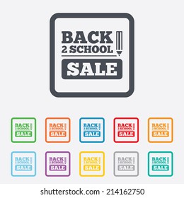 Back to school sign icon. Back 2 school pencil sale symbol. Round squares buttons with frame. Vector