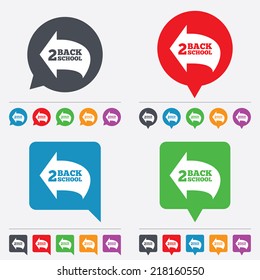 Back to school sign icon. Back 2 school symbol. Speech bubbles information icons. 24 colored buttons. Vector