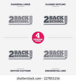 Back to school sign icon. Back 2 school pencil symbol. Diagonal and horizontal lines, classic outline, dotted texture. Pattern design icons.  Vector