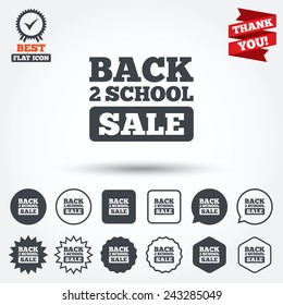 Back to school sign icon. Back 2 school sale symbol. Circle, star, speech bubble and square buttons. Award medal with check mark. Thank you ribbon. Vector