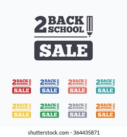 Back to school sign icon. Back 2 school pencil sale symbol. Colored flat icons on white background.