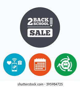 Back to school sign icon. Back 2 school pencil sale symbol. Mobile payments, calendar and wifi icons. Bus shuttle.
