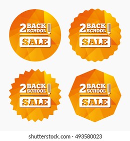 Back to school sign icon. Back 2 school pencil sale symbol. Triangular low poly buttons with flat icon. Vector