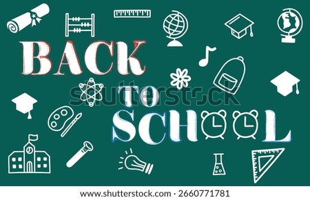 Back to school sign icon. Back 2 school symbol. Back 2 School with a lettering educational pattern. Pencils, notepads, books, a globe, an apple, a calculator, scissors and more.