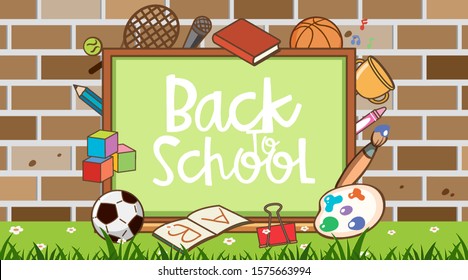 Back to school sign with school items background illustration