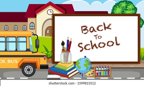 Back to school sign with school items at school building illustration