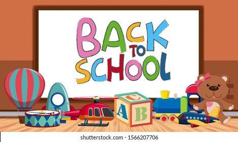 Back to school sign with many cute toys illustration