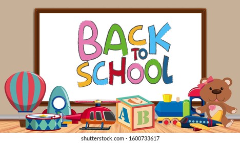 Cartel de regreso a la escuela con muchas ilustraciones de juguetes lindos
