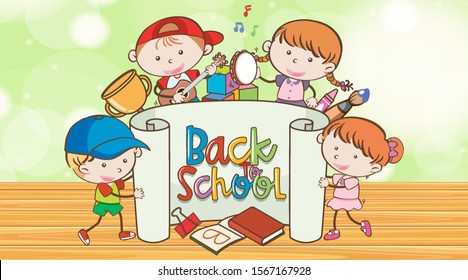 Back to school sign with many happy kids illustration